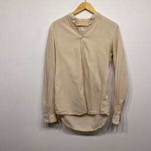 Zara Beige Semi Sheer Crew Neck Button Down Long Sleeve Shirt